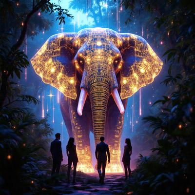 The primary subject of the image is a large, colorful elephant. The setting is a forest, with the elephant standing in the middle of the scene. The visual style appears to be a combination of photo and digital art, creating a vibrant and lively atmosphere. The colors and mood of the image are predominantly warm and inviting, with the elephant being the focal point of the scene.